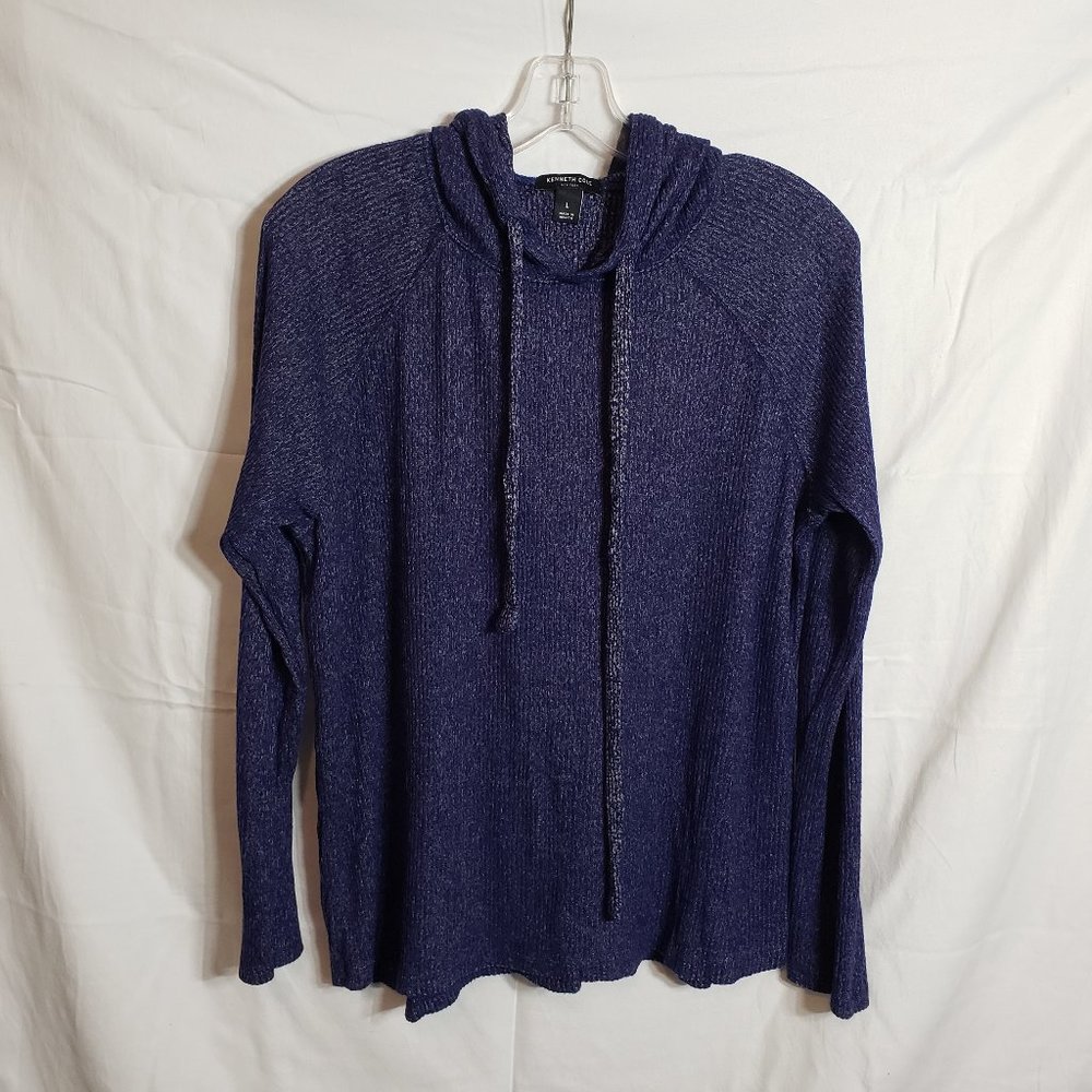 Kenneth Cole NY Sz L 12-14  Womens Hoodie Sweatshirt Knit Top Blue Pullover 1068